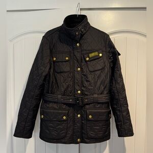 Barbour International Black Quilted Jacket with gold Details and Belted Waist